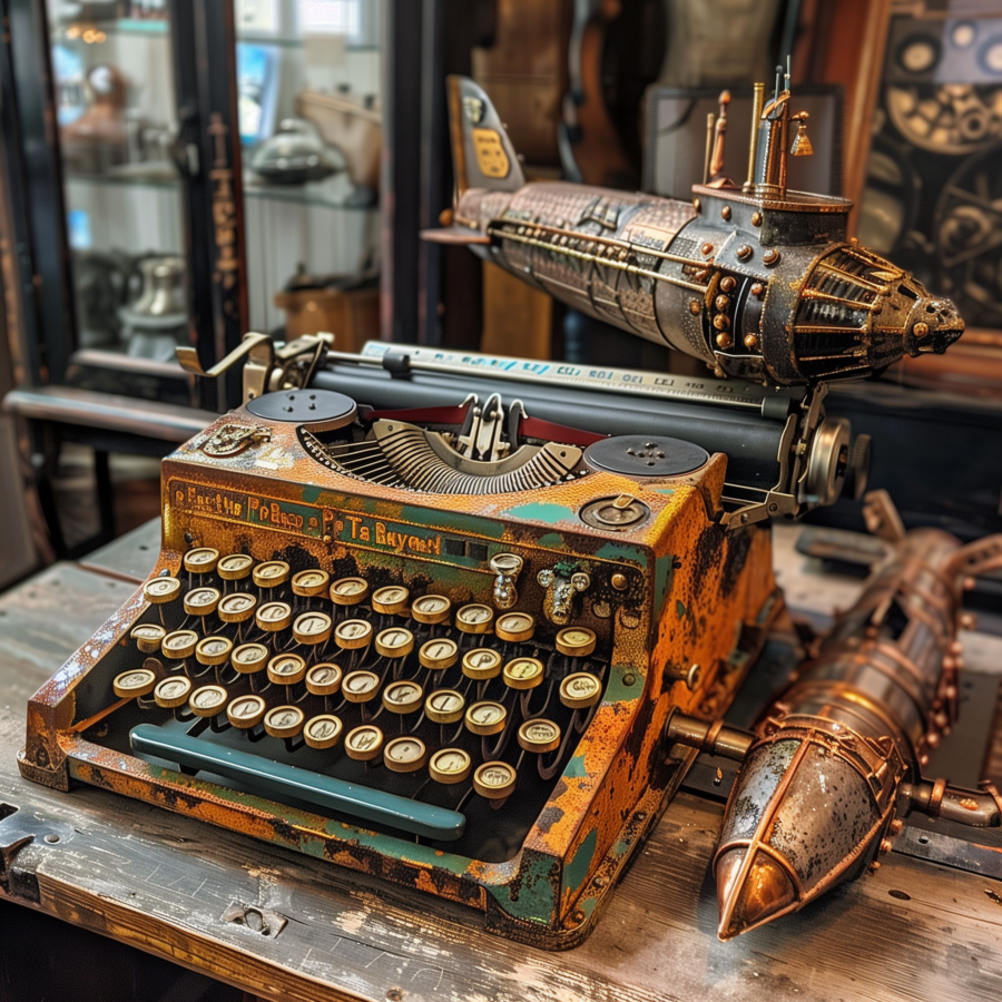 Une vieille machine à écrire avec d'autres objets, dont une maquette de sous-marin