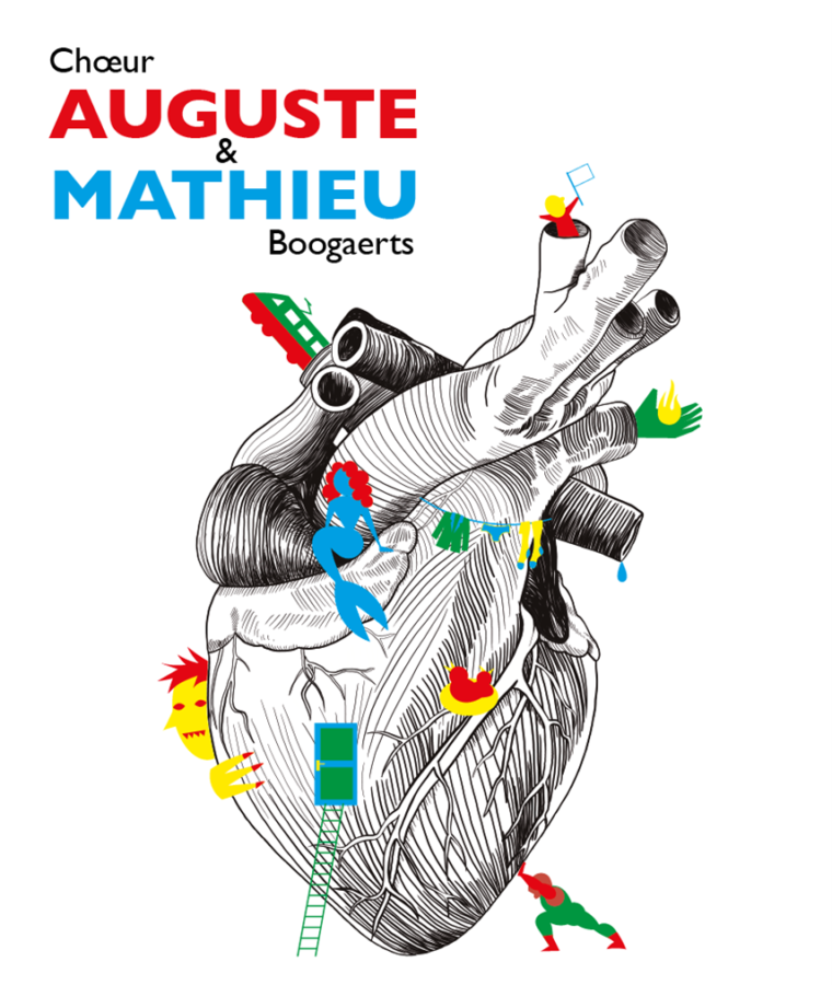 C’est l’affiche du concert. On voit un grand cœur dessiné de façon réaliste. Il est décoré de plein de petits dessins très colorés qui représentent des choses que l’on entend dans les chansons de Mathieu Boogaerts.