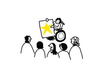 Un dessin montre une personne en chaise roulante qui montre à un groupe de personnes une affiche avec le dessin d’une étoile.