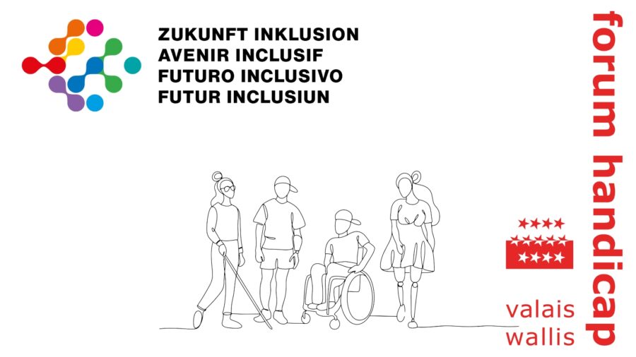 Dessin représentant quatre personnes en situation de handicap, côte à côte, encadrées par les logos de Forum Handicap Valais-Wallis et du projet Avenir inclusif