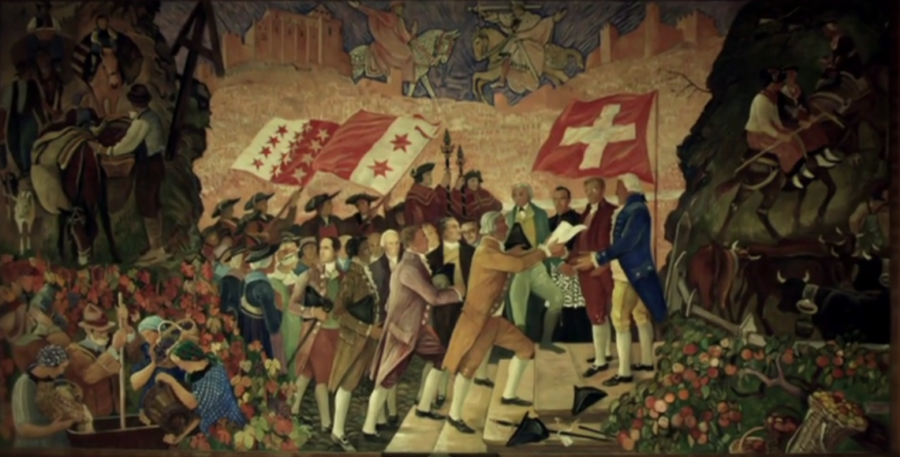 Fresque colorée de la Salle du Grand Conseil. OEuvre du peintre Ernest Biéler de 1943. Elle représente des gens de l’époque (1815), comme le Grand Baillif Charles de Rivaz, et d’autres personnages publics.