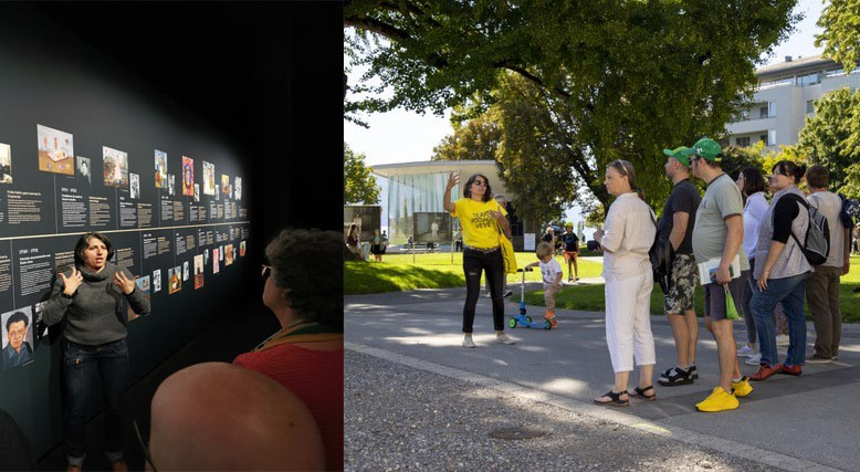 Les personnes sourdes guident les entendants dans la Fondation Gianadda, entourées d'interprètes en langue des signes. L'image reflète l'harmonie de la communication inclusivement partagée, illustrant l'expérience unique de l'événement.